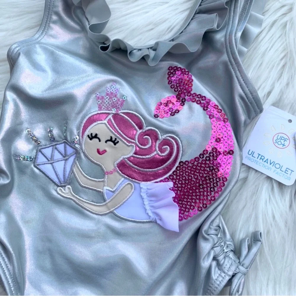Flapdoodles Girls Mermaid Bathing Suit Metallic Silver & Pink Toddler Size 2